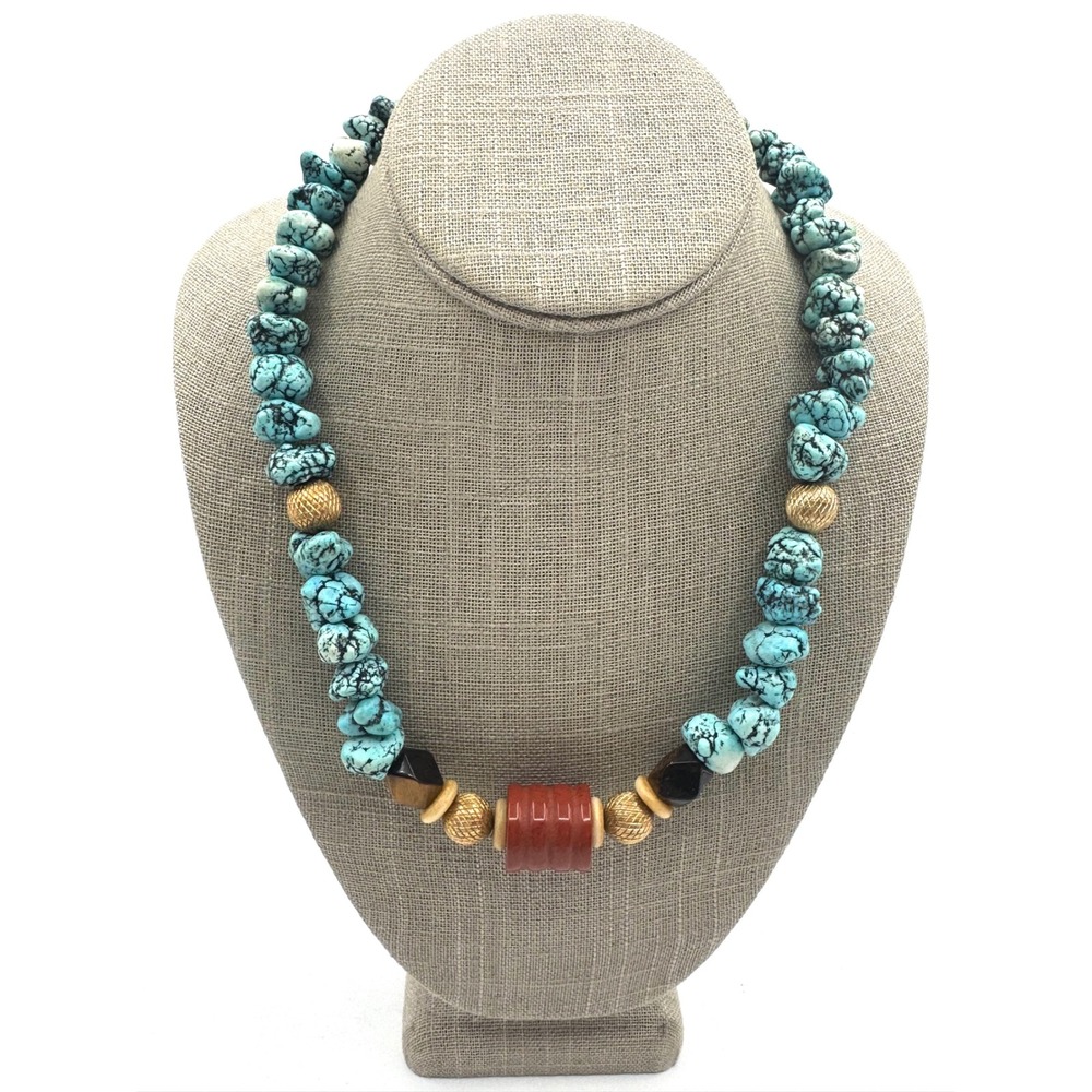 Turquoise Magnesite Red Jasper Chunky Statement Necklace Gold Tone Wood Beads